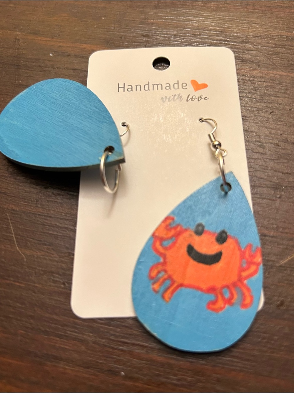 NWT Handmade Jewelry Blue Teardrop Earrings Hand Painted Crab - Picture 2 of 5